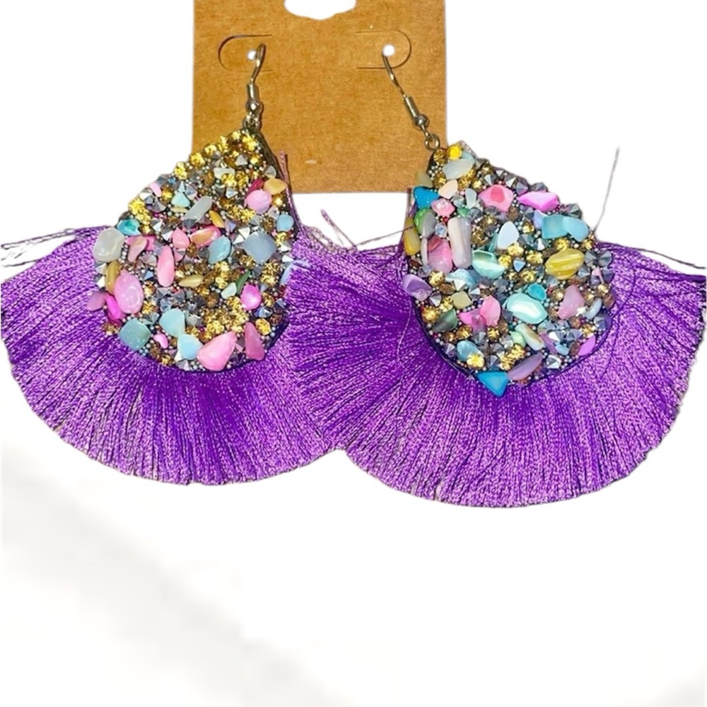 NWT Anthropologie Tassel Earrings Purple Fringe Multicolor Stone Crystals NEW